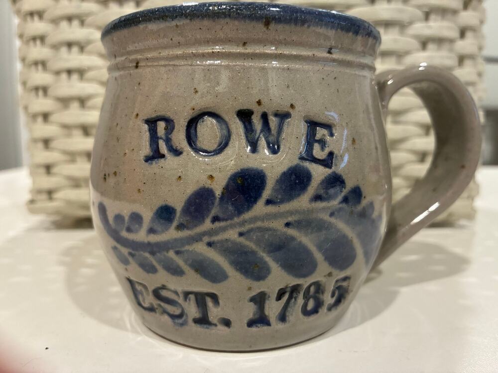 Westerwald Art Pottery Blue Salt Glaze ROWE MA Barrel Coffee Mug Cup Signed